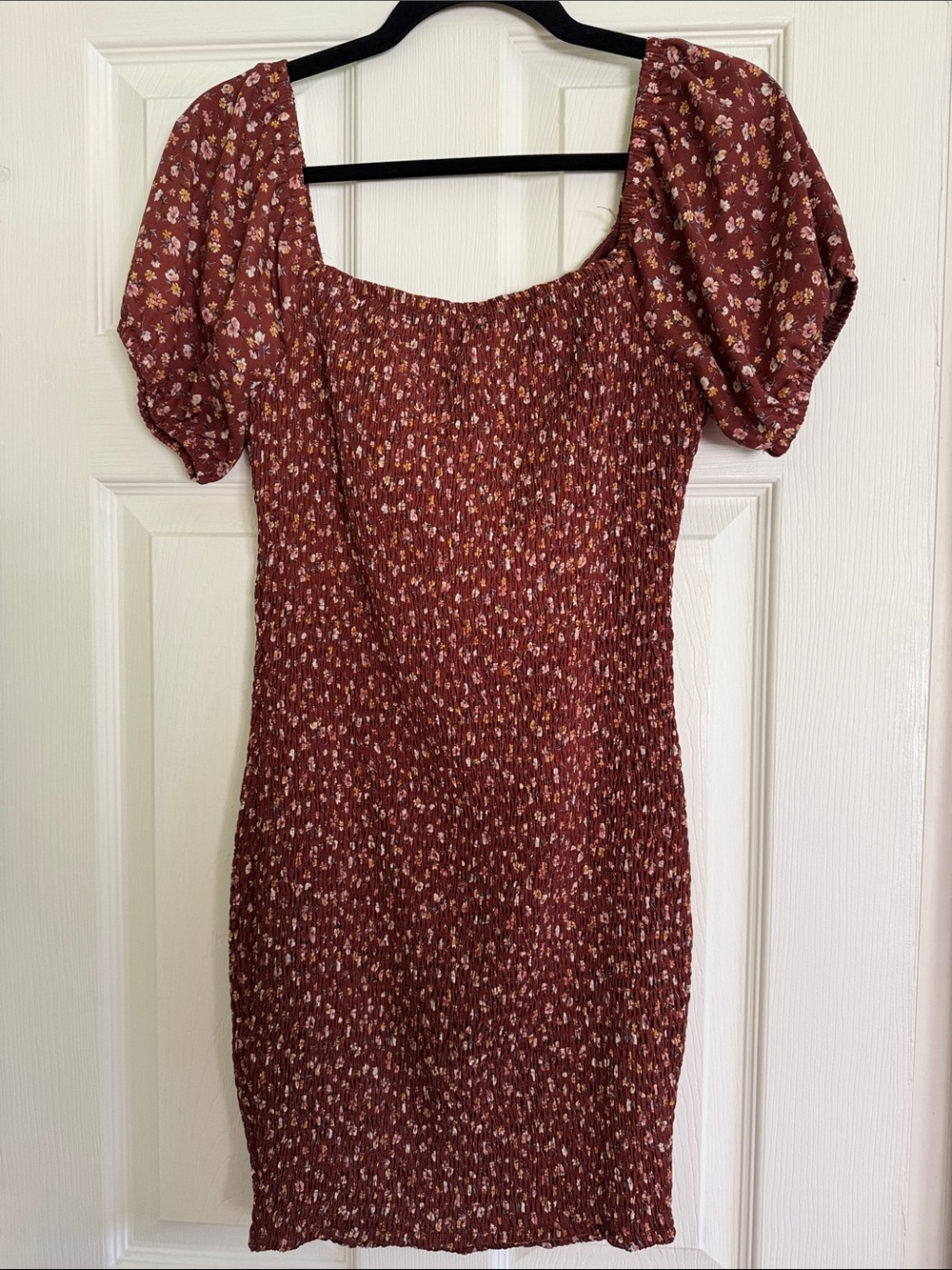 Iris rust brown floral smocked tie front puff sleeve mini dress L - Picture 4 of 5